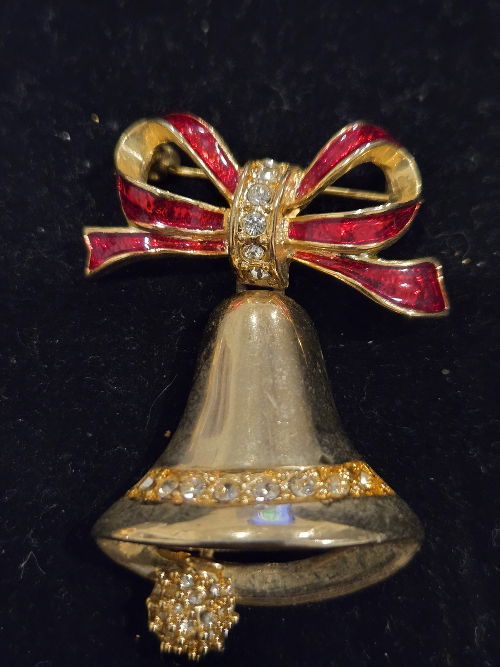Vintage Gold-tone Bell Brooch with Red Enamel Bow and Crystal Accents
